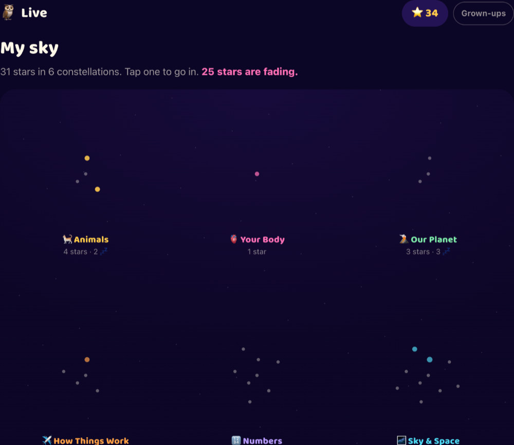 A child's sky: 31 stars across six constellations, some bright and some dimmed.